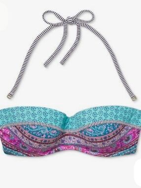 Vibrant Teal/Pink Paisley Boho Removable  Strap Bandeau Light Lift Swim Top